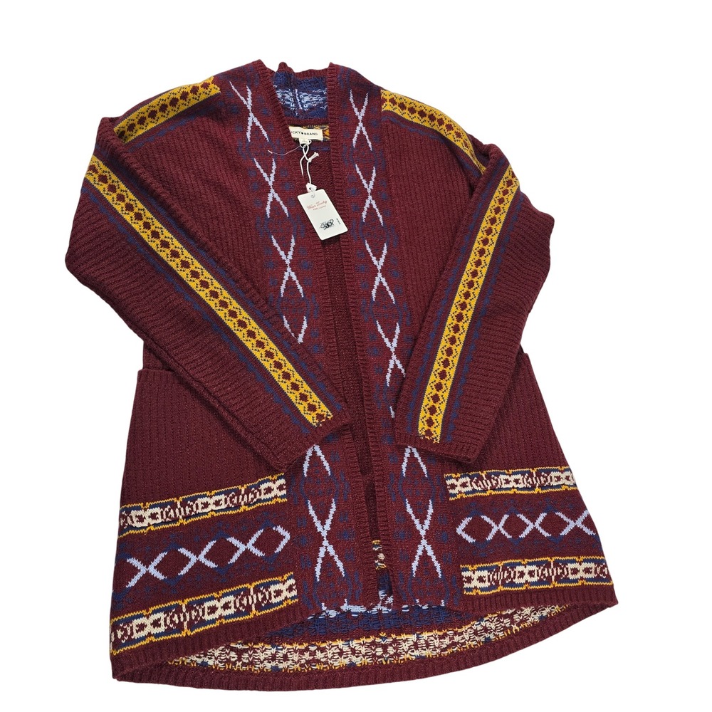 Lucky Brand Womens Southwestern Pattern Longline Cardigan Burgundy L 7W5195